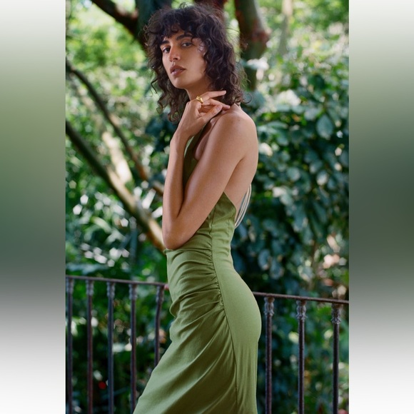 Zara MACRAMÉ BACK LINEN BLEND HALTER DRESS. Light Green. Size L. New with Tags. - Picture 1 of 5